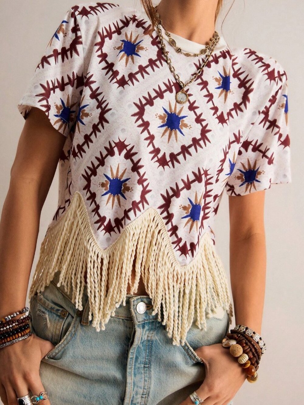 Multicolor Casual Women's Boho Geometric Print Fringe Short Sleeve Tee Top - Picture 4 of 5
